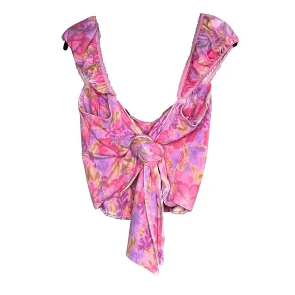 Free People Pink and Purple Floral Floral Printed Puffy Sleeve Bustier Blouse - Picture 2 of 6